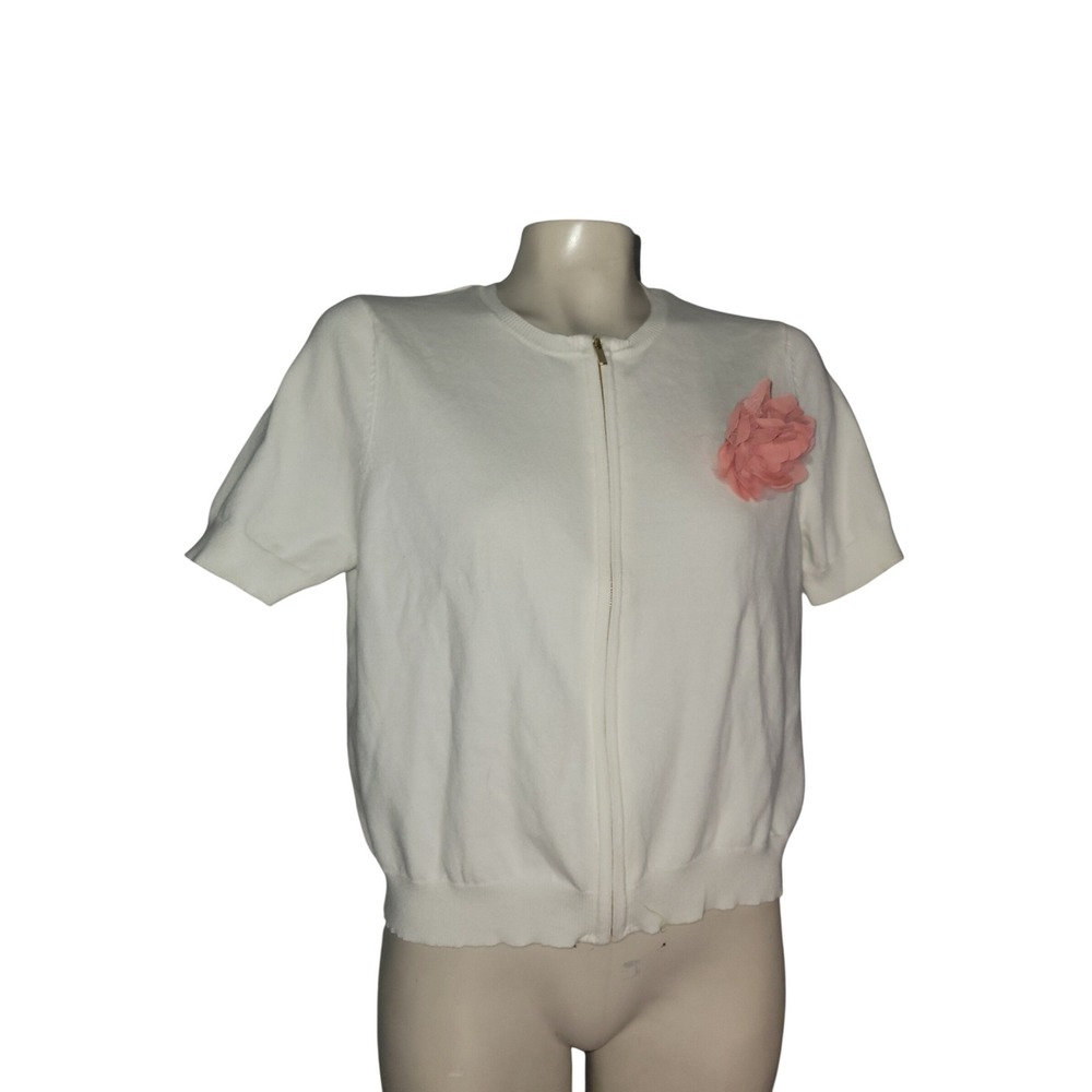 August Silk Womens White Short Sleeve Zip Up Cardigan Floral Applique Size L NEW